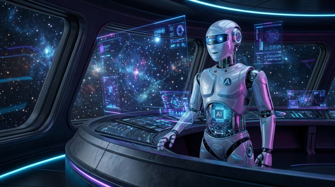 Professional AI robot assistant operating holographic automation systems